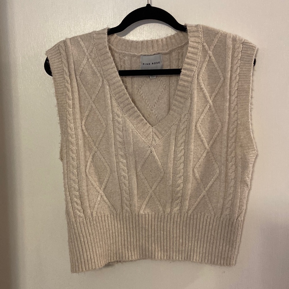 Tan, cable knit short, sweater vest, polyester by Pink Rose
